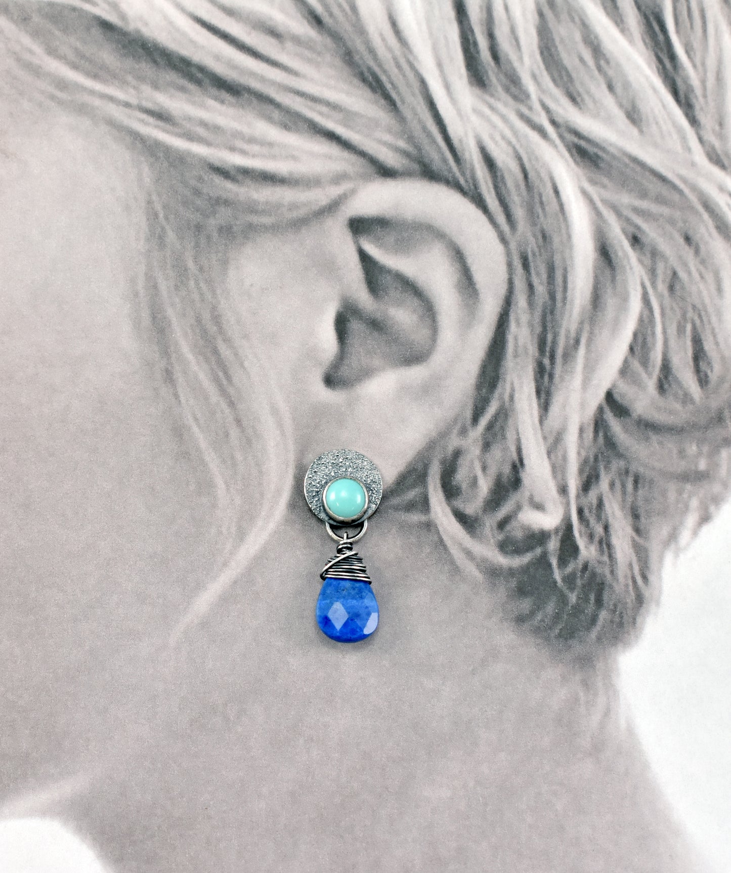 Turquoise, Faceted Lapis Lazuli Teardrop and Sterling Silver Post Dangle Earrings, Rustic Silversmith Jewelry