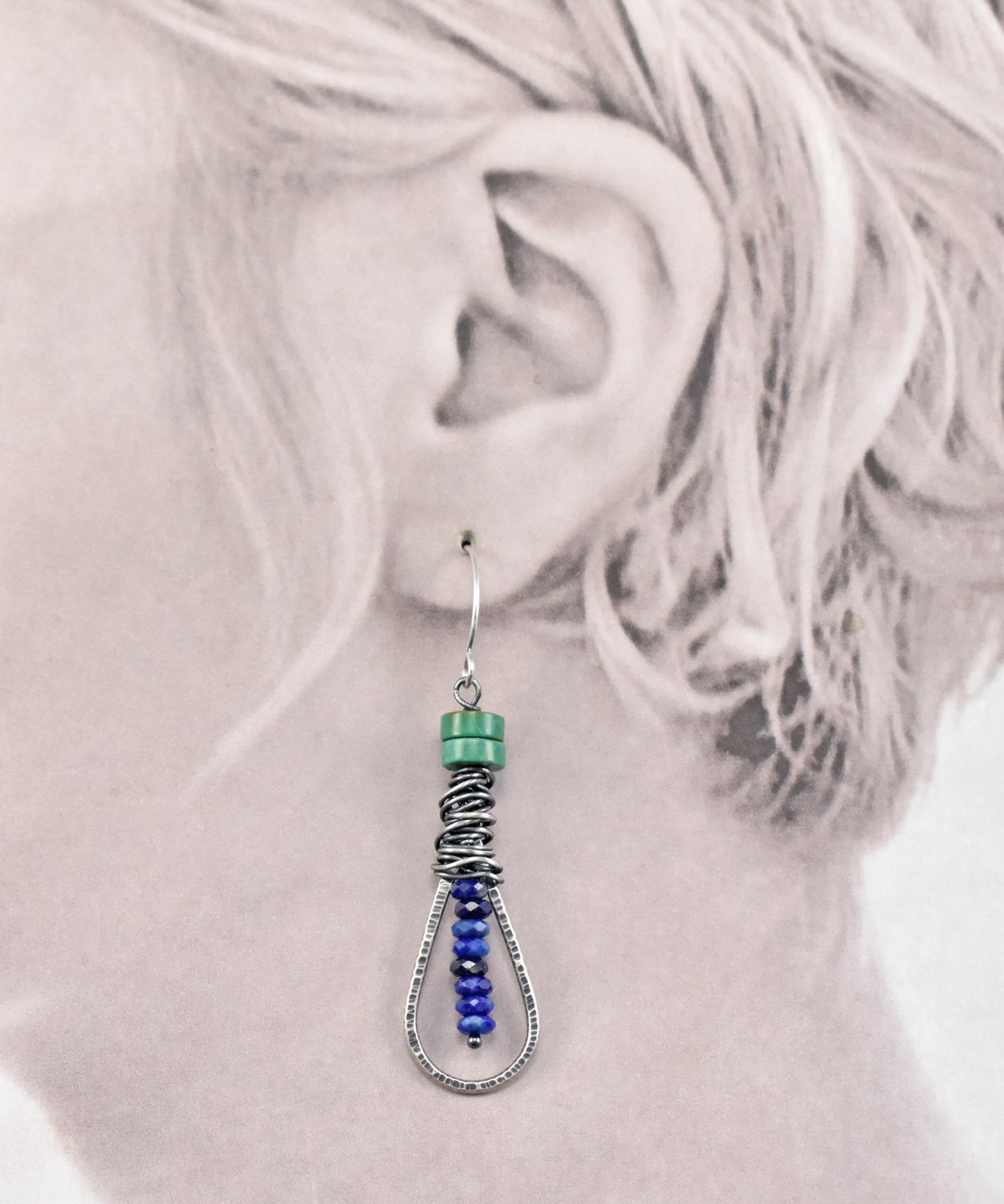 Turquoise, Lapis Lazuli and Sterling Silver Teardrop Earrings, Rustic Boho Jewelry Handmade