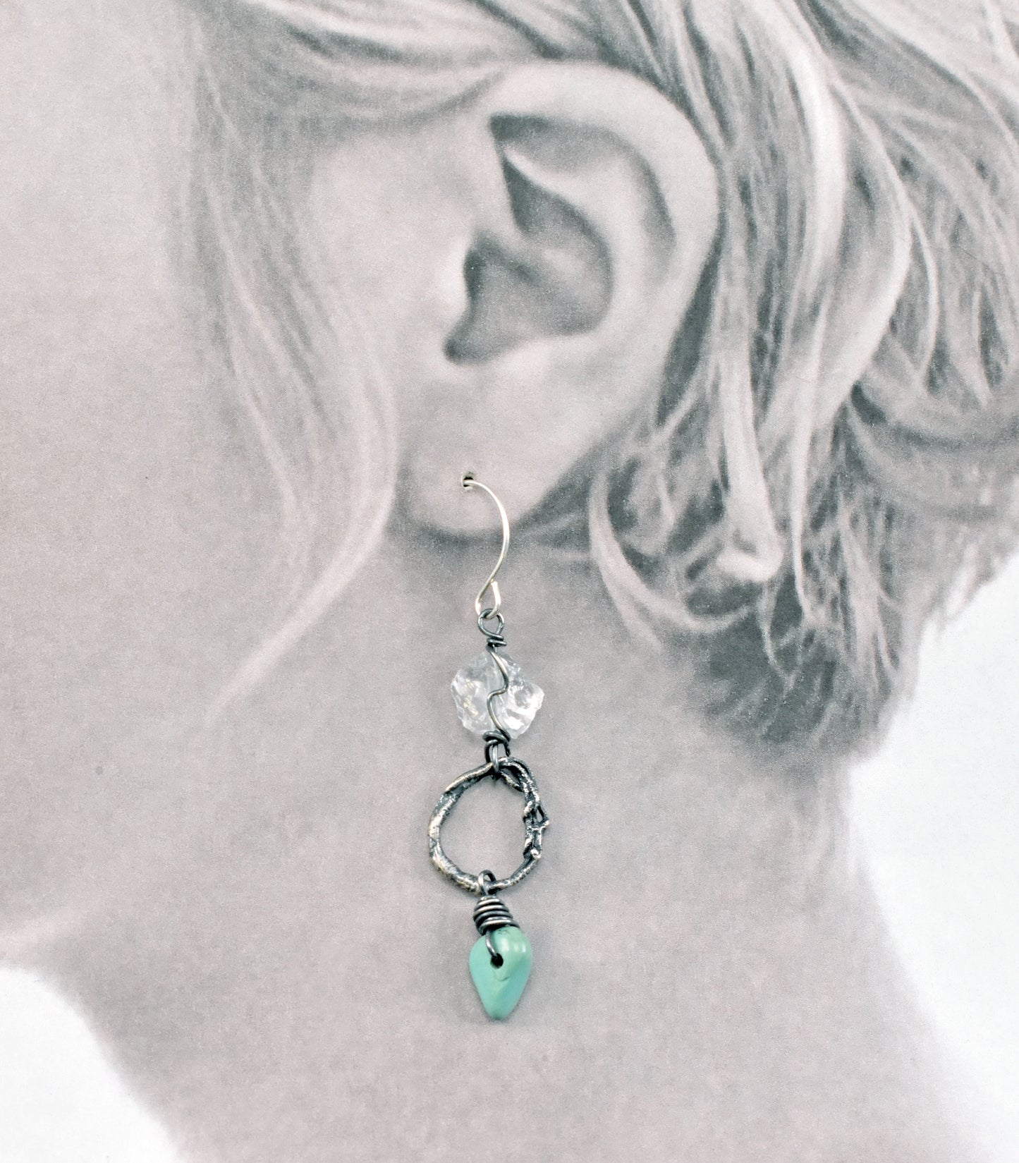 Turquoise, Raw Quartz and Sterling Silver Asymmetrical Circle Earrings, Organic Rough Gemstone Artisan Jewelry