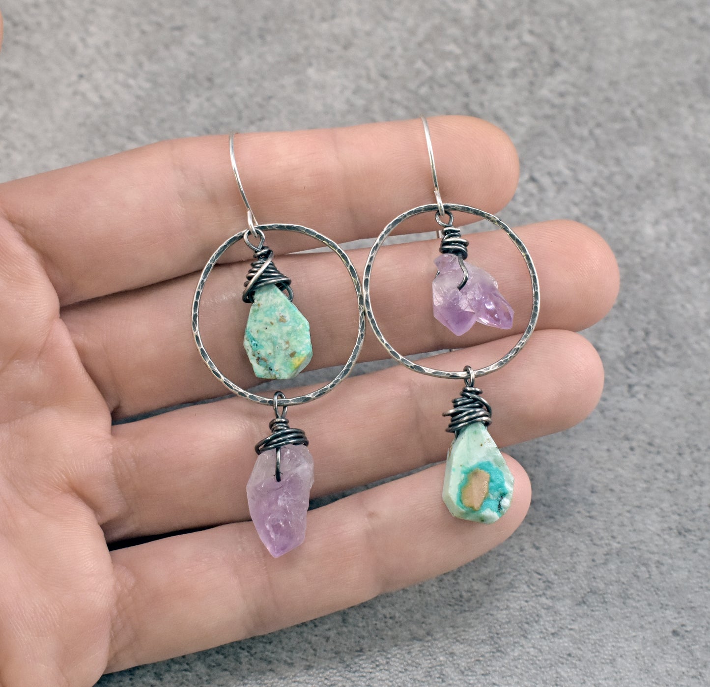 Turquoise and Amethyst Asymmetrical Sterling Silver Earrings, Blue and Purple Handmade Jewelry
