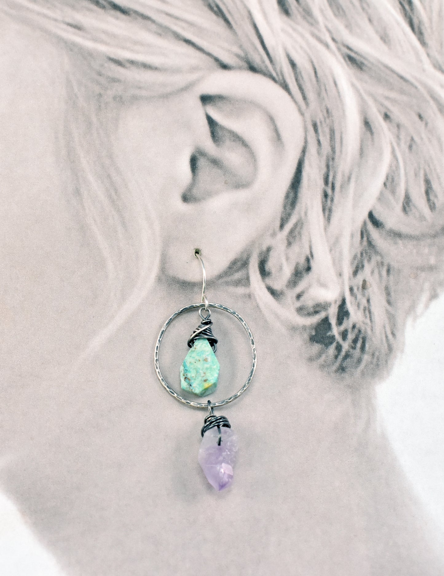 Turquoise and Amethyst Asymmetrical Sterling Silver Earrings, Blue and Purple Handmade Jewelry