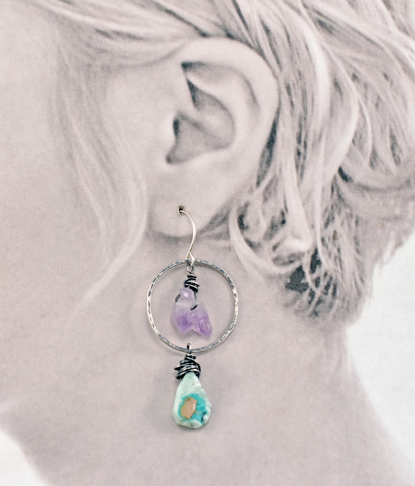 Turquoise and Amethyst Asymmetrical Sterling Silver Earrings, Blue and Purple Handmade Jewelry