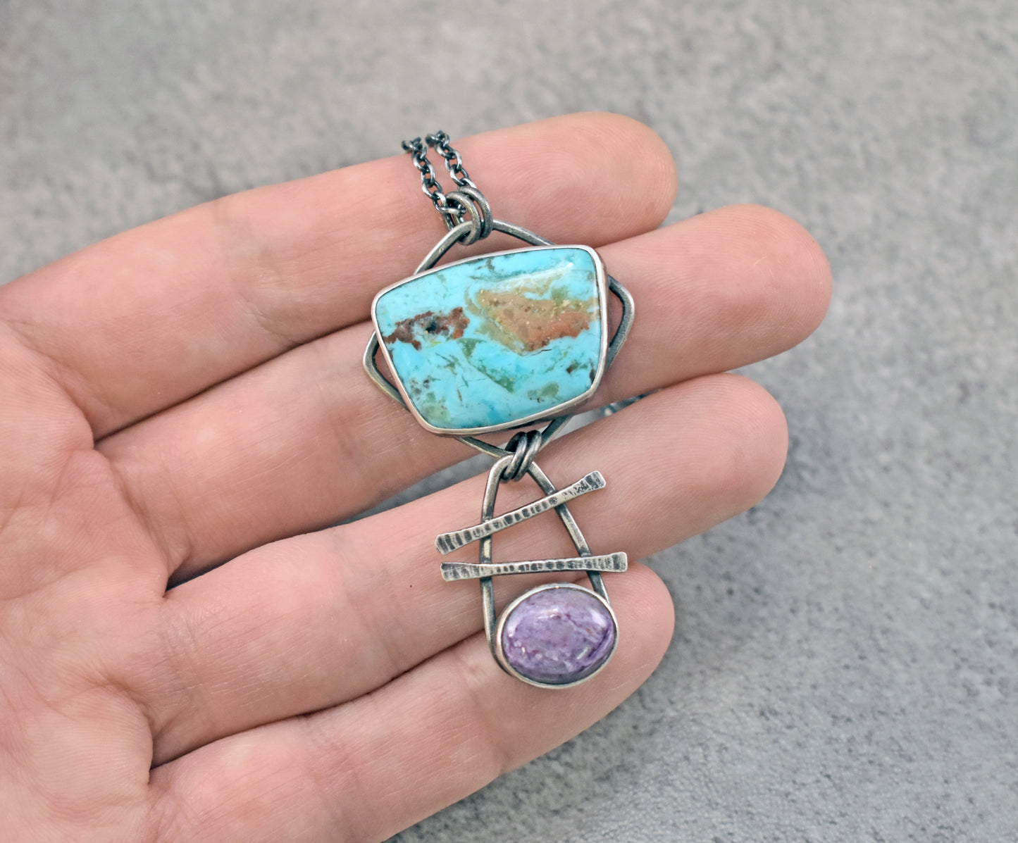 Turquoise, Charoite and Sterling Silver Necklace, Rustic Silversmith Pendant, Artisan Handmade Jewelry