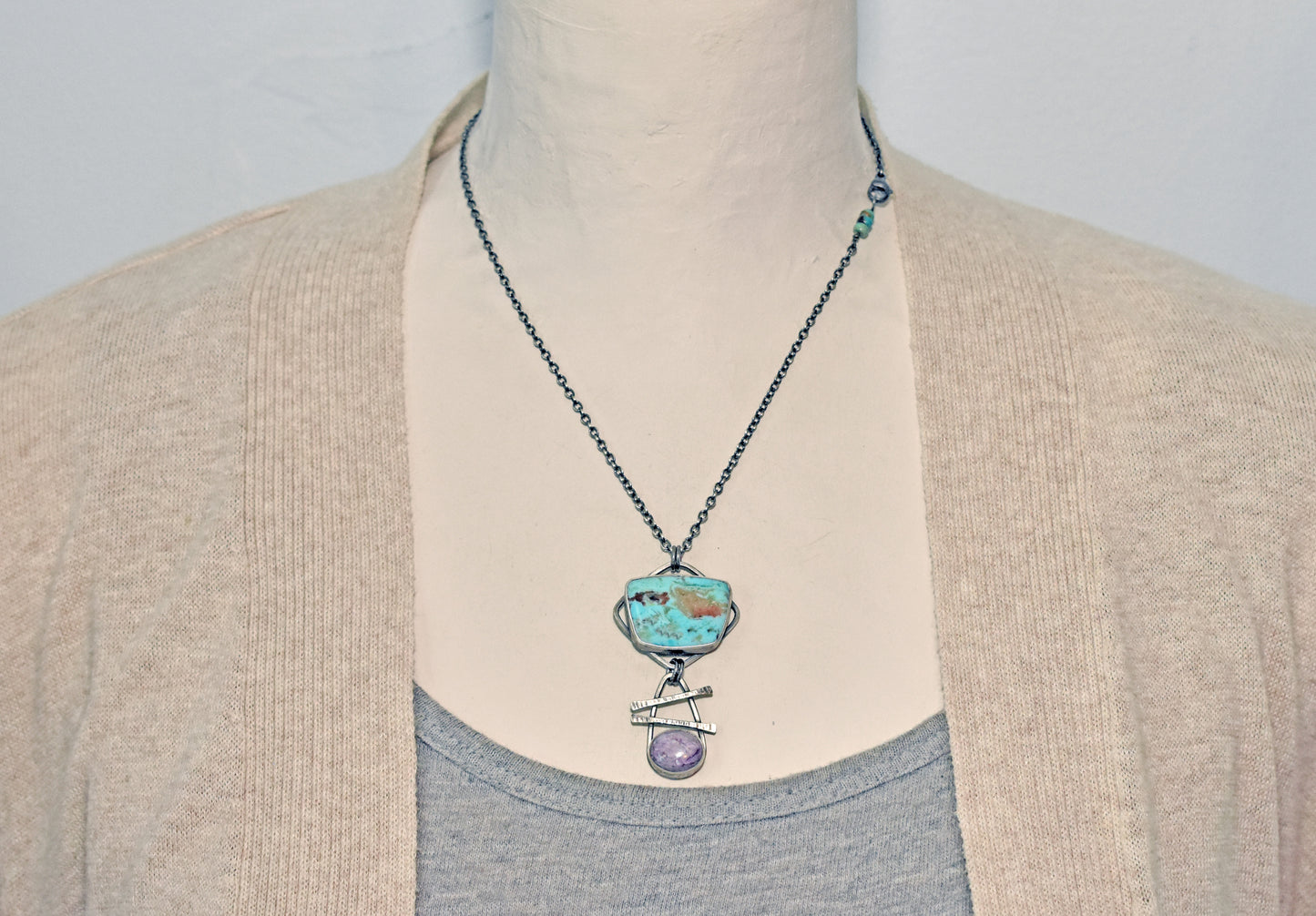 Turquoise, Charoite and Sterling Silver Necklace, Rustic Silversmith Pendant, Artisan Handmade Jewelry
