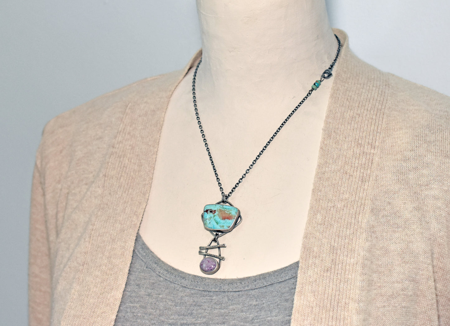 Turquoise, Charoite and Sterling Silver Necklace, Rustic Silversmith Pendant, Artisan Handmade Jewelry