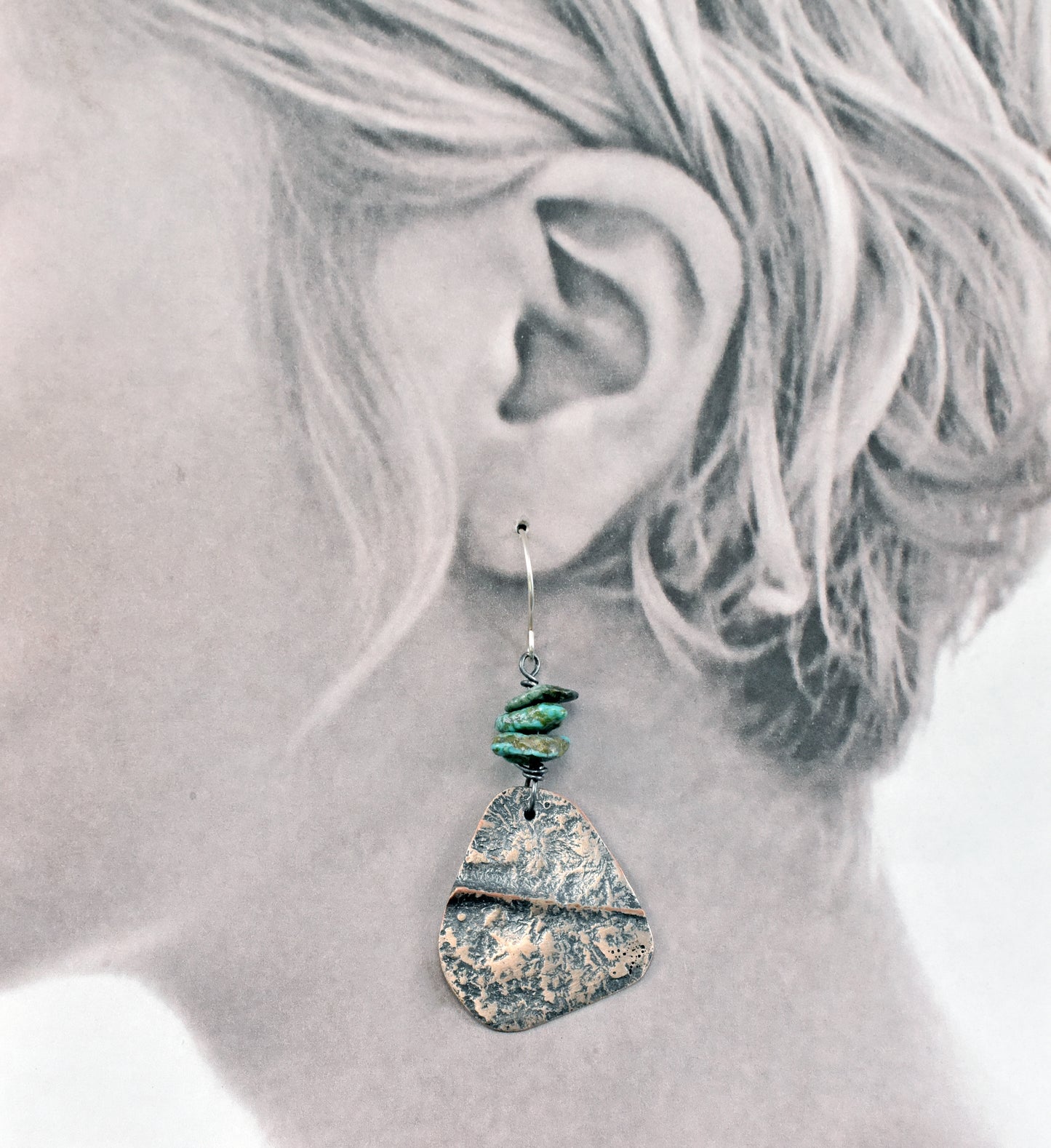 Turquoise Mixed Metal Statement Earrings, Sterling Silver on Copper Unique Green Gemstone Artisan Jewelry