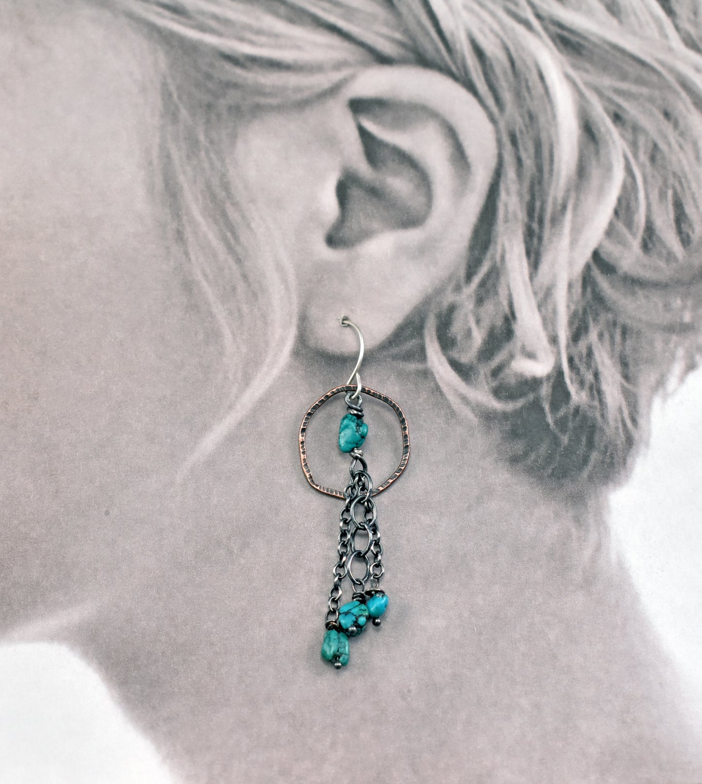 Long Turquoise, Copper Circle and Sterling Silver Chain Dangle Earrings, Rustic Boho Handmade Jewelry