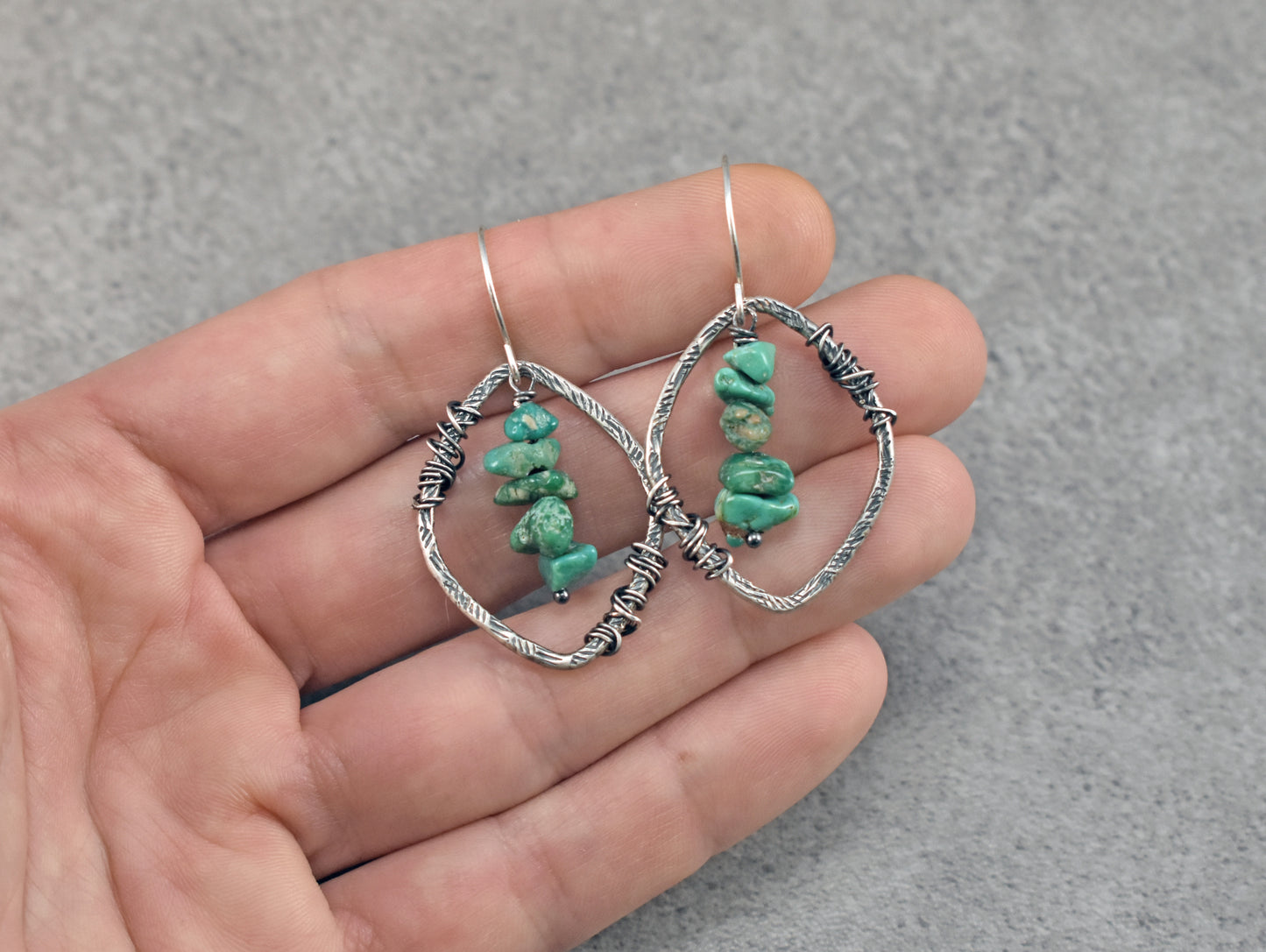 Turquoise and Sterling Silver Wire Earrings, Rustic Boho Handmade Jewelry