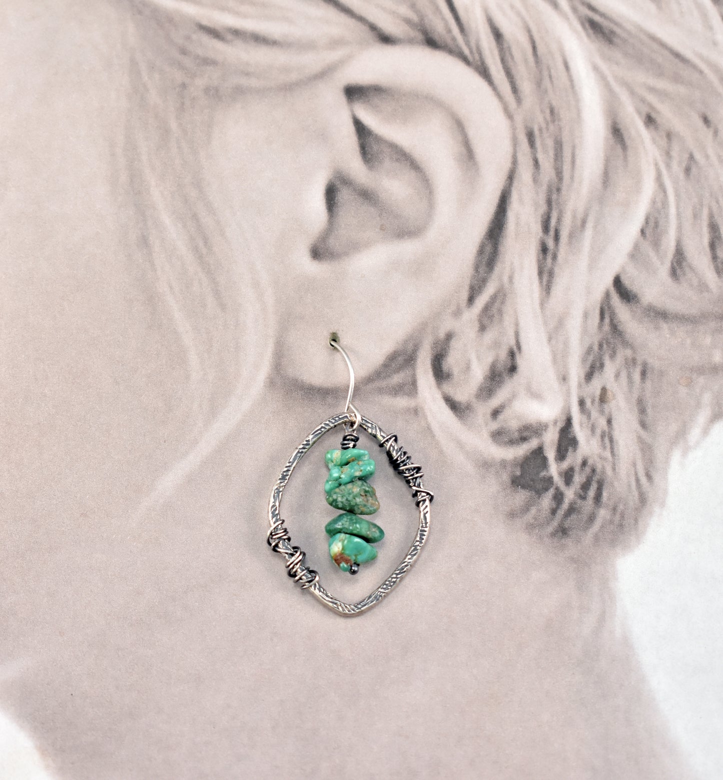 Turquoise and Sterling Silver Wire Earrings, Rustic Boho Handmade Jewelry