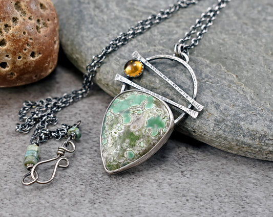 Variscite, Citrine and Sterling Silver Necklace, Rustic Silversmith Pendant, Artisan Handmade Jewelry