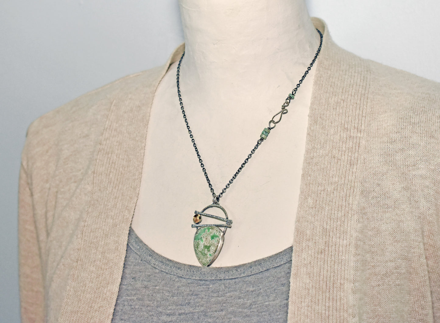 Variscite, Citrine and Sterling Silver Necklace, Rustic Silversmith Pendant, Artisan Handmade Jewelry