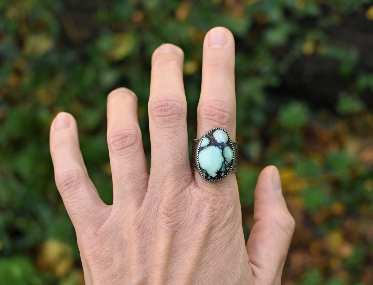 Variscite and Sterling Silver Wide Band Statement Ring, Size 9, Rustic Silversmith Handmade Jewelry