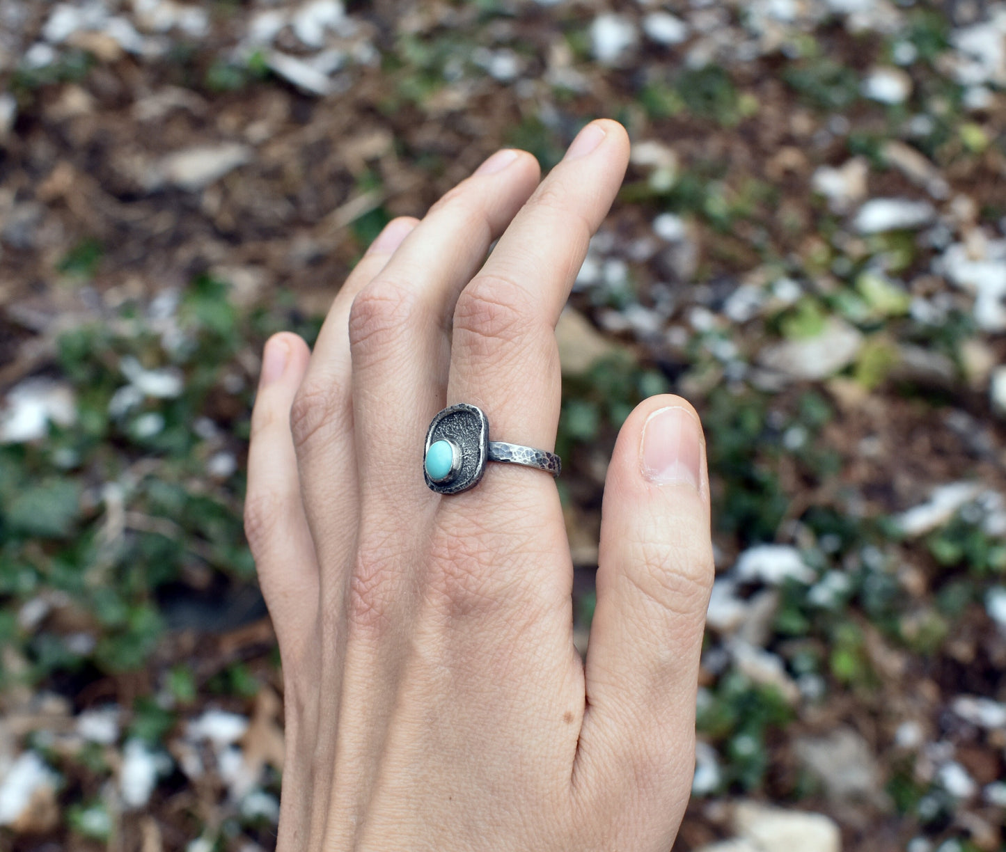 Turquoise Sterling Silver Ring Size 8.5, Artisan Silversmith Jewelry Handmade, Organic Unique Rustic Blue Gemstone