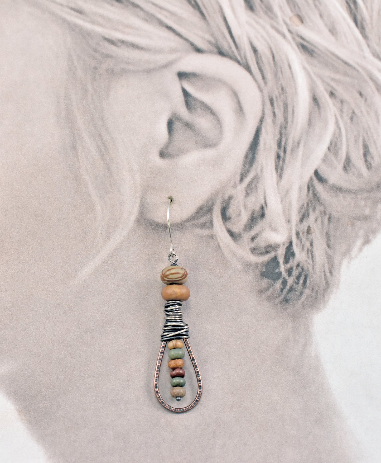 Red Creek Jasper Earrings, Natural Fall Color Stone Dangles, Rustic Copper Teardrop Jewelry, Mixed Metal