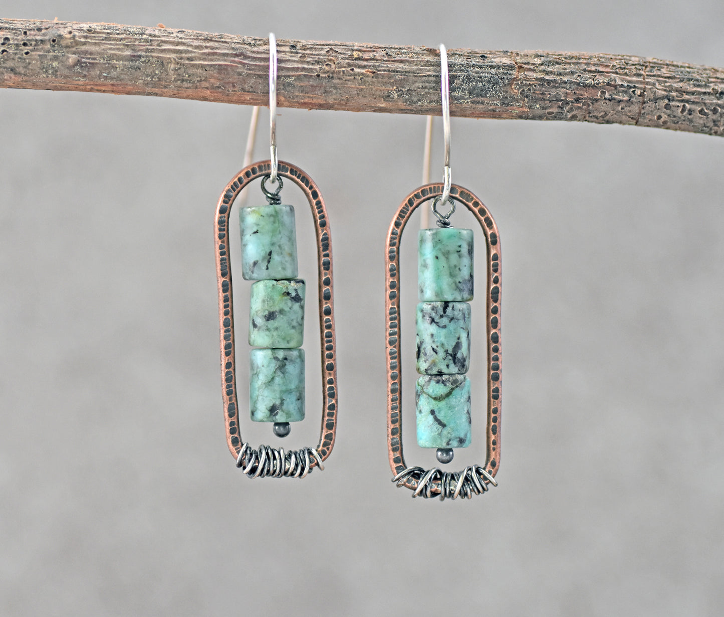African Turquoise Jasper and Copper Earrings, Blue Green Gemstone Rustic Mixed Metal Jewelry