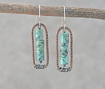 African Turquoise Jasper and Copper Earrings, Blue Green Gemstone Rustic Mixed Metal Jewelry