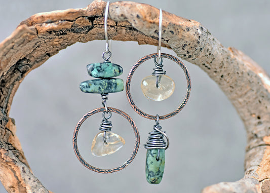 African Turquoise and Citrine Asymmetrical Earrings, Rustic Mixed Metal Copper Green and Yellow Circle Jewelry
