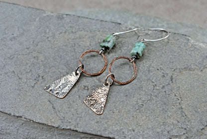 African Turquoise Mixed Metal Earrings, Sterling Silver on Copper, Rustic Unique Jewelry