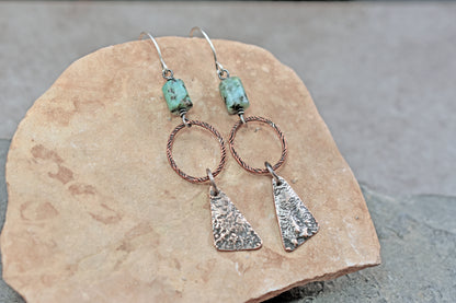 African Turquoise Mixed Metal Earrings, Sterling Silver on Copper, Rustic Unique Jewelry