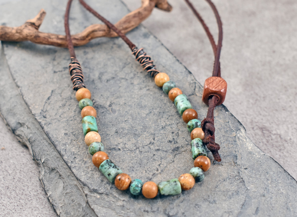 African Turquoise, Picture Jasper, Leather and Copper Necklace, Natural Green Brown Stone, Earthy Rustic Handmade Jewelry