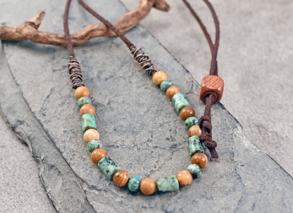 African Turquoise, Picture Jasper, Leather and Copper Necklace, Natural Green Brown Stone, Earthy Rustic Handmade Jewelry