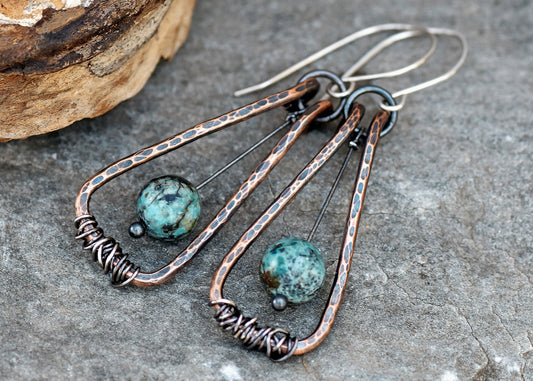 African Turquoise Jasper Earrings, Light Green Gemstone Jewelry Copper, Rustic Mixed Metal Dangles, Unique Artisan