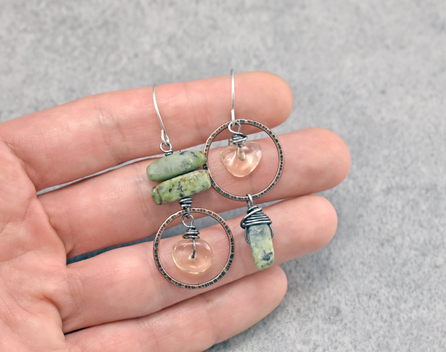 African Turquoise and Citrine Asymmetrical Mixed Metal Earrings, Rustic Copper Green and Yellow Circle Jewelry Handmade