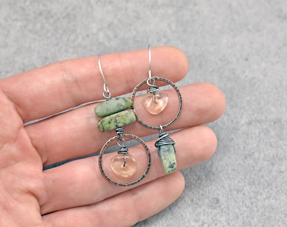 African Turquoise and Citrine Asymmetrical Mixed Metal Earrings, Rustic Copper Green and Yellow Circle Jewelry Handmade