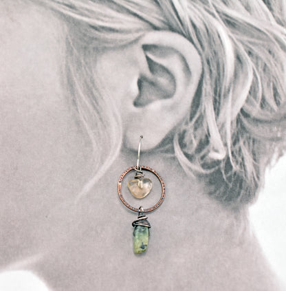 African Turquoise and Citrine Asymmetrical Mixed Metal Earrings, Rustic Copper Green and Yellow Circle Jewelry Handmade