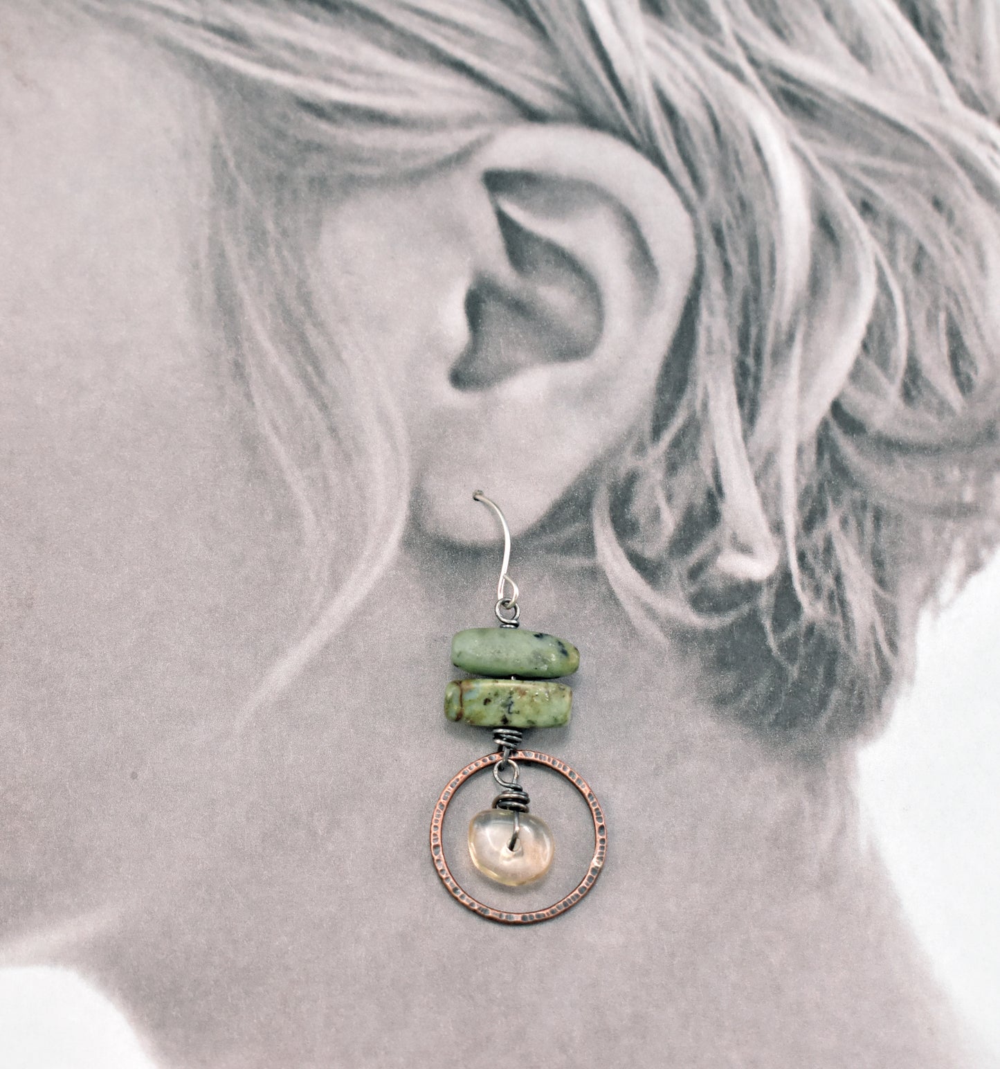 African Turquoise and Citrine Asymmetrical Mixed Metal Earrings, Rustic Copper Green and Yellow Circle Jewelry Handmade