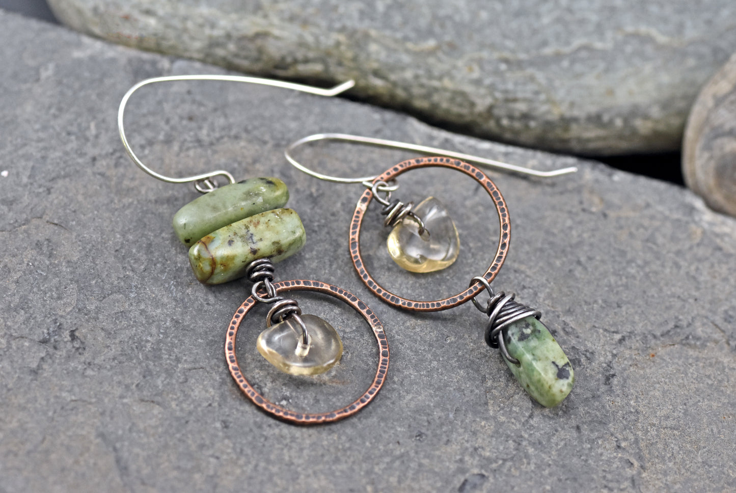 African Turquoise and Citrine Asymmetrical Mixed Metal Earrings, Rustic Copper Green and Yellow Circle Jewelry Handmade