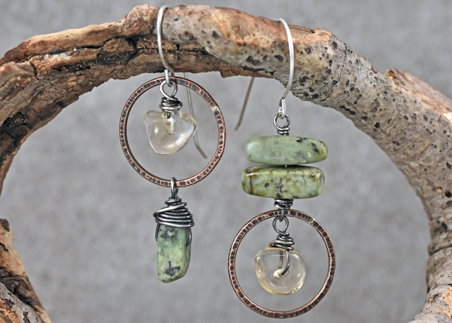 African Turquoise and Citrine Asymmetrical Mixed Metal Earrings, Rustic Copper Green and Yellow Circle Jewelry Handmade