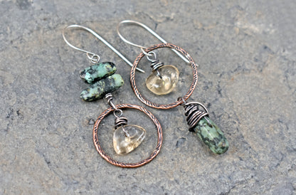 African Turquoise and Citrine Asymmetrical Earrings, Rustic Mixed Metal Copper Green and Yellow Circle Jewelry