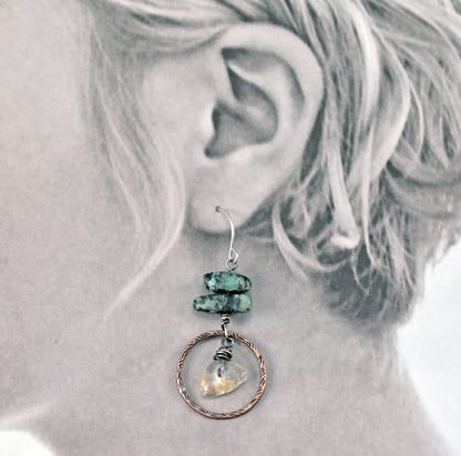 African Turquoise and Citrine Asymmetrical Earrings, Rustic Mixed Metal Copper Green and Yellow Circle Jewelry