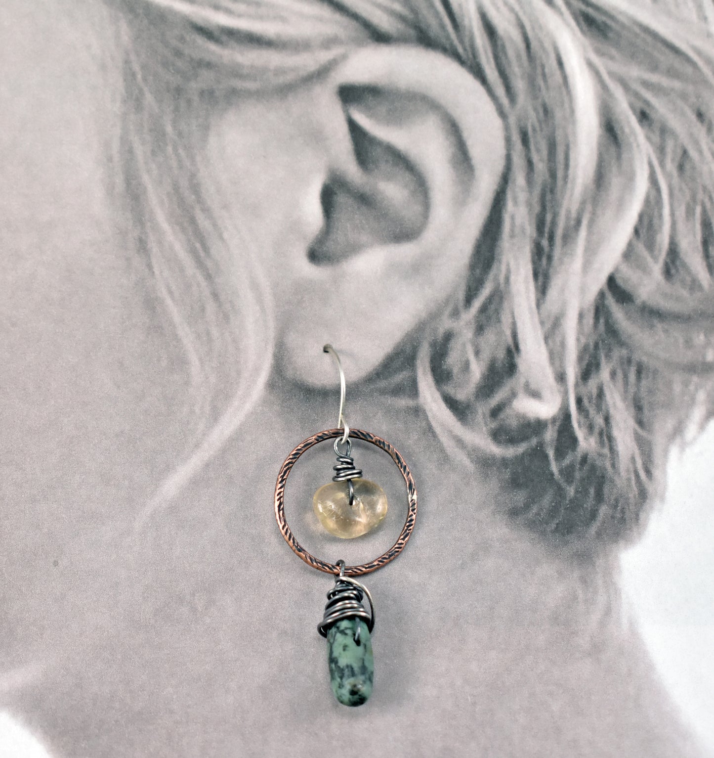 African Turquoise and Citrine Asymmetrical Earrings, Rustic Mixed Metal Copper Green and Yellow Circle Jewelry