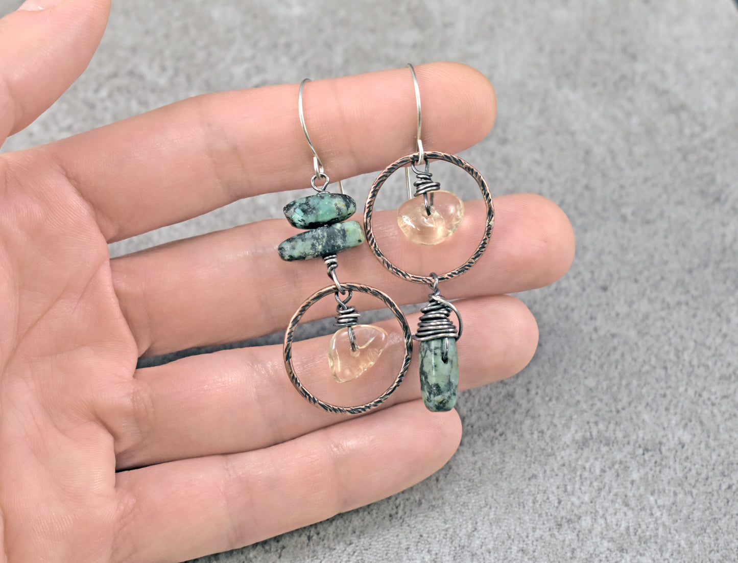 African Turquoise and Citrine Asymmetrical Earrings, Rustic Mixed Metal Copper Green and Yellow Circle Jewelry