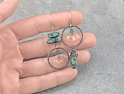 African Turquoise and Citrine Asymmetrical Earrings, Rustic Mixed Metal Copper Green and Yellow Circle Jewelry