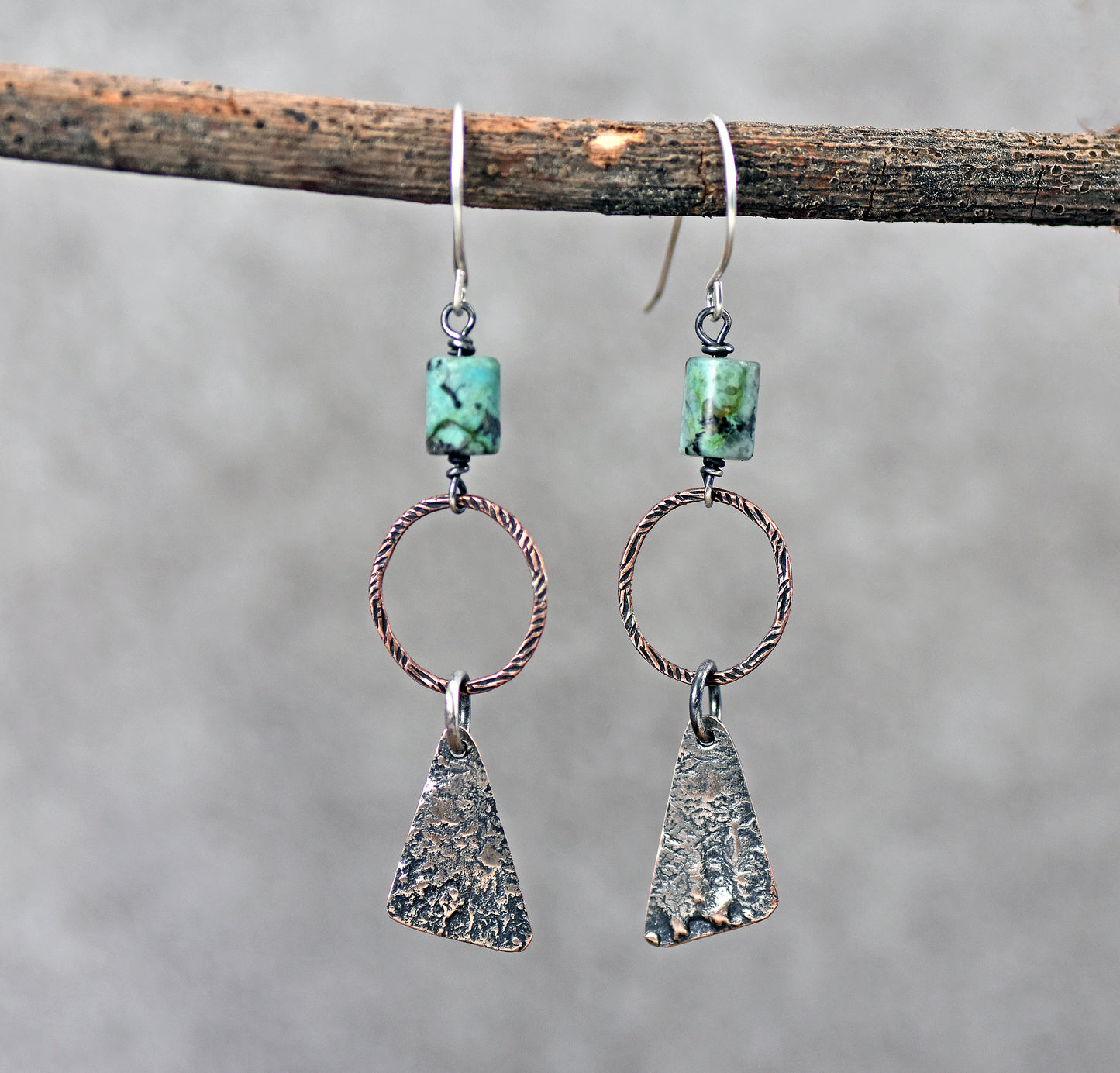 African Turquoise Mixed Metal Earrings, Sterling Silver on Copper, Rustic Unique Jewelry
