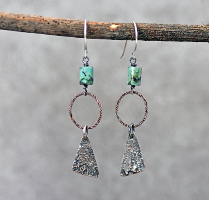 African Turquoise Mixed Metal Earrings, Sterling Silver on Copper, Rustic Unique Jewelry