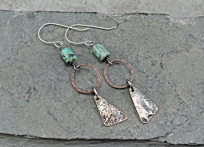 African Turquoise Mixed Metal Earrings, Sterling Silver on Copper, Rustic Unique Jewelry