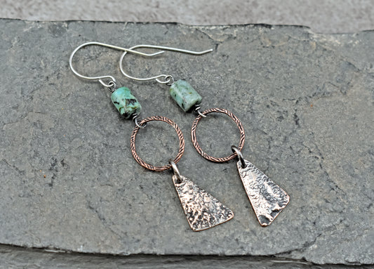 African Turquoise Mixed Metal Earrings, Sterling Silver on Copper, Rustic Unique Jewelry