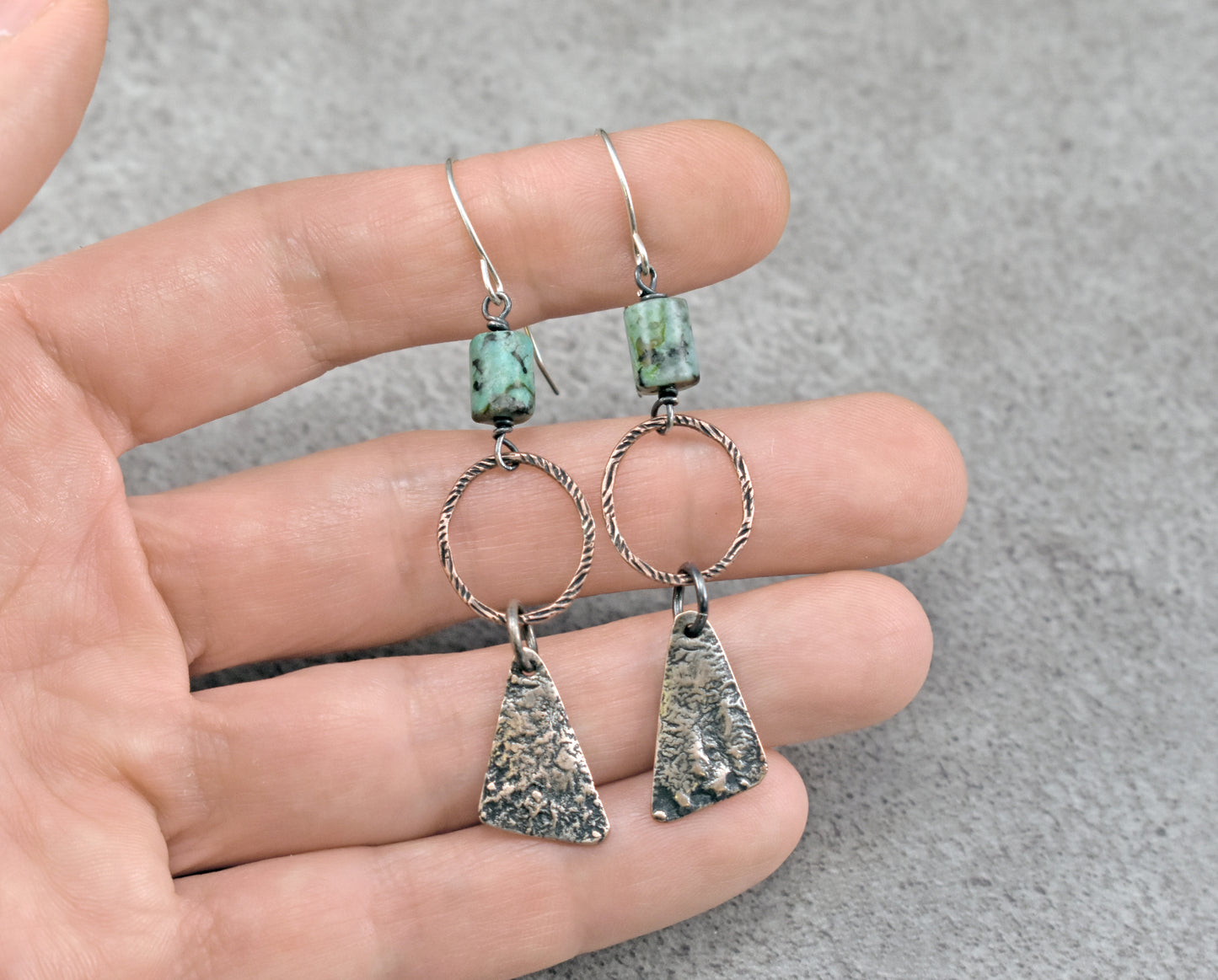 African Turquoise Mixed Metal Earrings, Sterling Silver on Copper, Rustic Unique Jewelry