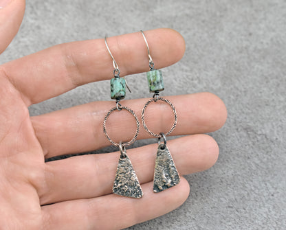 African Turquoise Mixed Metal Earrings, Sterling Silver on Copper, Rustic Unique Jewelry