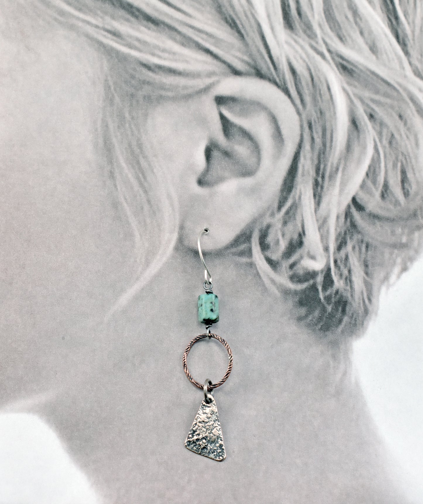 African Turquoise Mixed Metal Earrings, Sterling Silver on Copper, Rustic Unique Jewelry