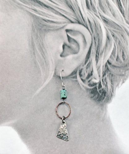 African Turquoise Mixed Metal Earrings, Sterling Silver on Copper, Rustic Unique Jewelry