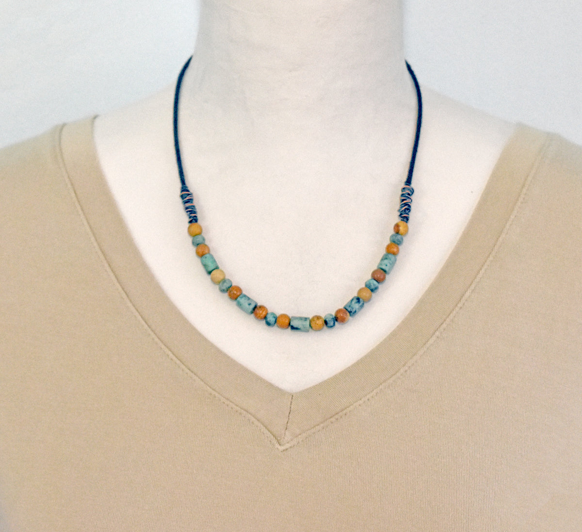 African Turquoise, Picture Jasper, Leather and Copper Necklace, Natural Green Brown Stone, Earthy Rustic Handmade Jewelry