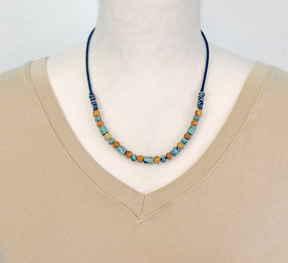 African Turquoise, Picture Jasper, Leather and Copper Necklace, Natural Green Brown Stone, Earthy Rustic Handmade Jewelry