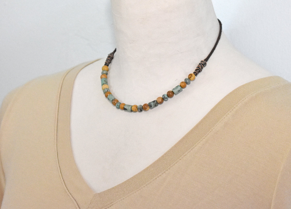 African Turquoise, Picture Jasper, Leather and Copper Necklace, Natural Green Brown Stone, Earthy Rustic Handmade Jewelry