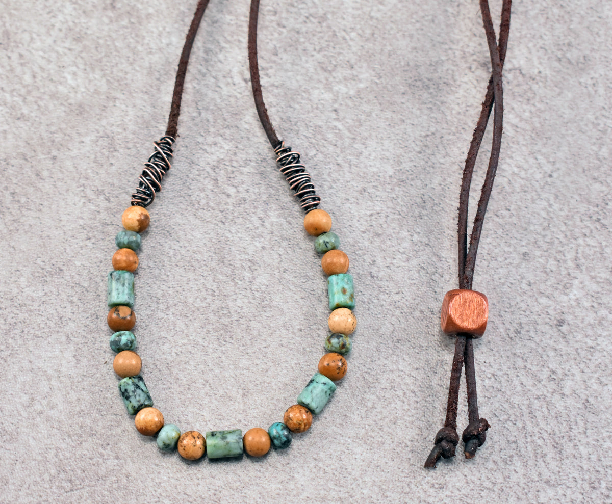 African Turquoise, Picture Jasper, Leather and Copper Necklace, Natural Green Brown Stone, Earthy Rustic Handmade Jewelry