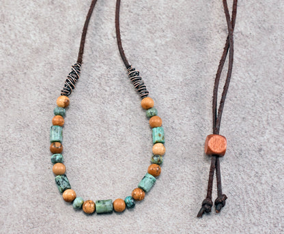 African Turquoise, Picture Jasper, Leather and Copper Necklace, Natural Green Brown Stone, Earthy Rustic Handmade Jewelry